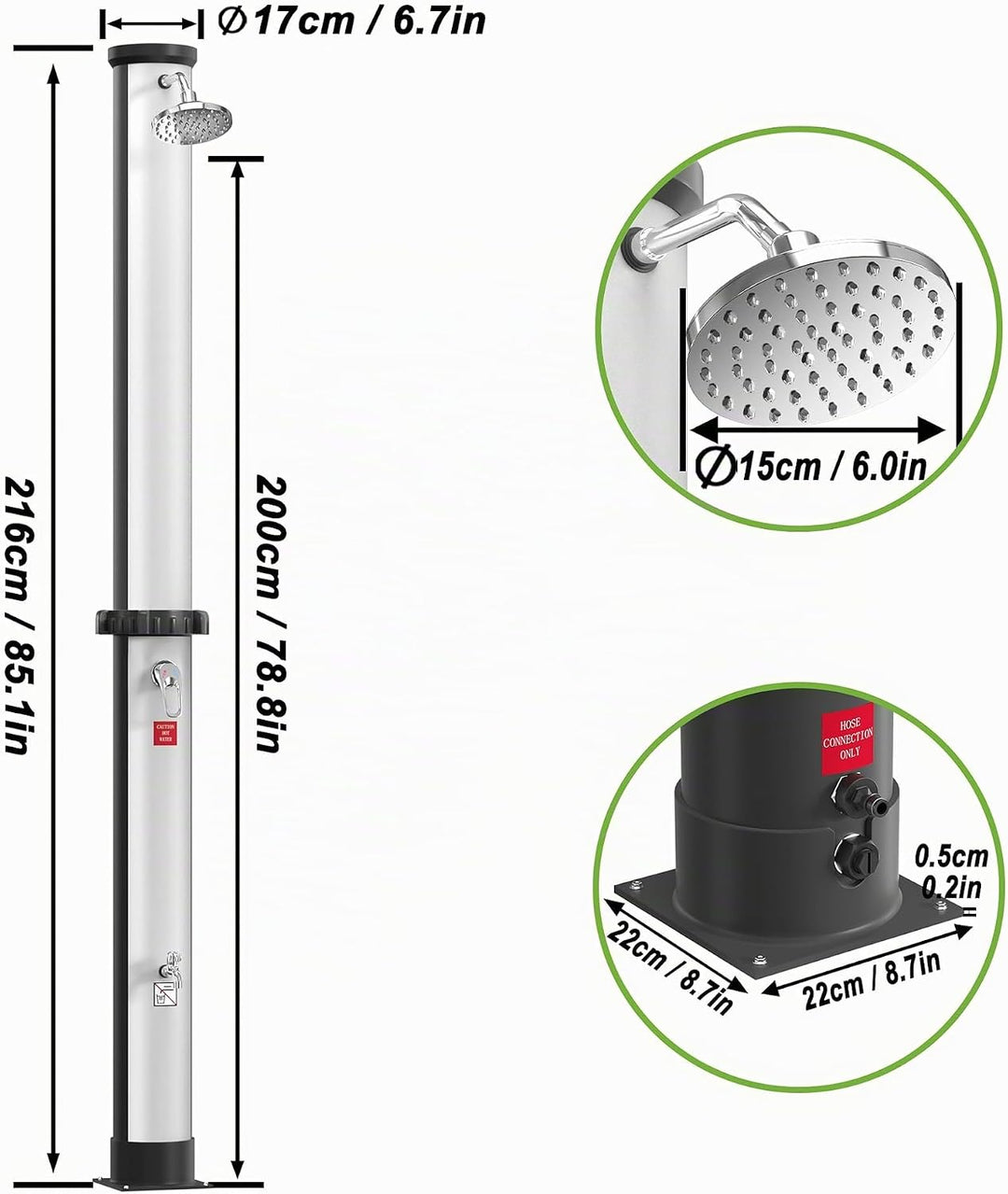 UISEBRT Solardusche 40 Liter, Solar Gartendusche 216 cm Hoch, Regenduschkopf Schwenkbar, max. 60°C,
