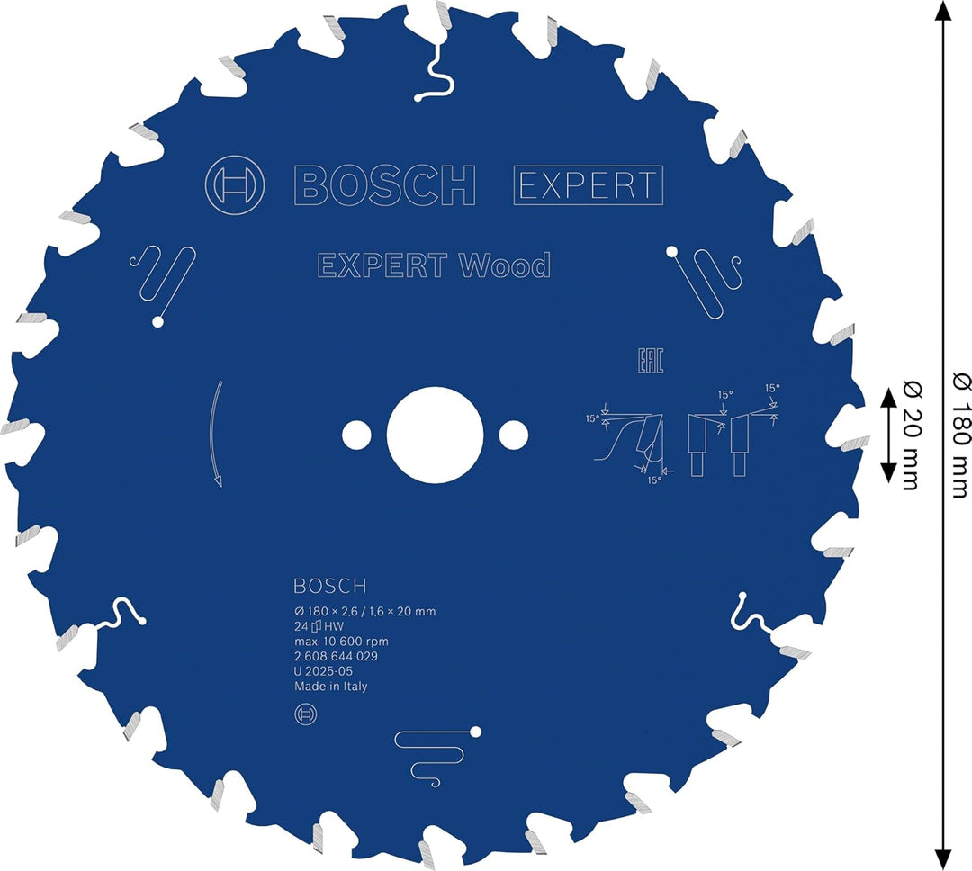 Bosch Professional 1x Kreissägeblatt Expert for Wood (Holz, Sägeblatt Ø 180 x 20 x 2,6 mm, 24 Zähne,