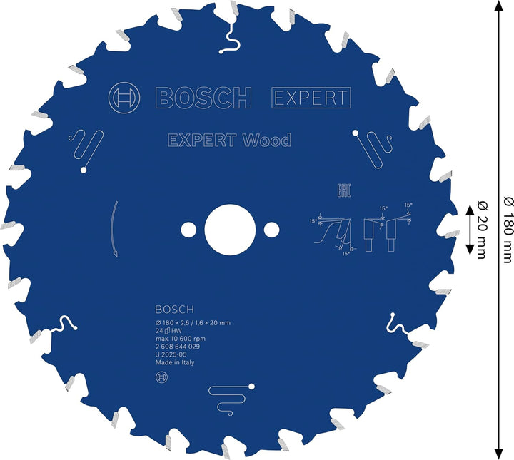 Bosch Professional 1x Kreissägeblatt Expert for Wood (Holz, Sägeblatt Ø 180 x 20 x 2,6 mm, 24 Zähne,