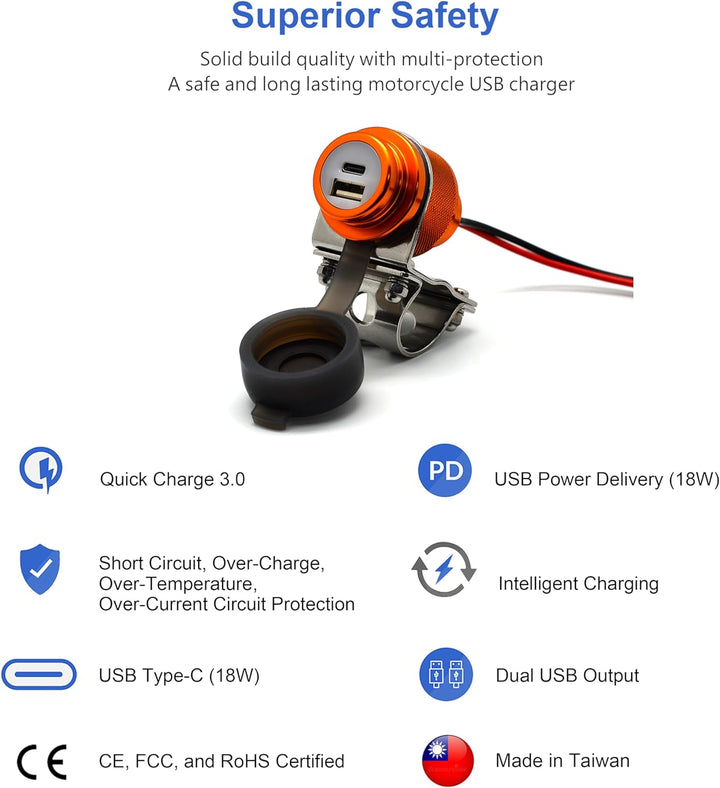 Cliff Top 36 W PD USB-C und QC 3.0 Aluminium Motorrad Lenker USB Ladegerät für 7/8 Zoll und 1 Zoll L