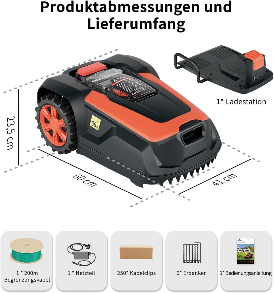 Mähroboter mit Begrenzungskabel 200 m für bis zu 1400 qm², Rasenmäher mit 47% Steigung, 22cm Schnitt