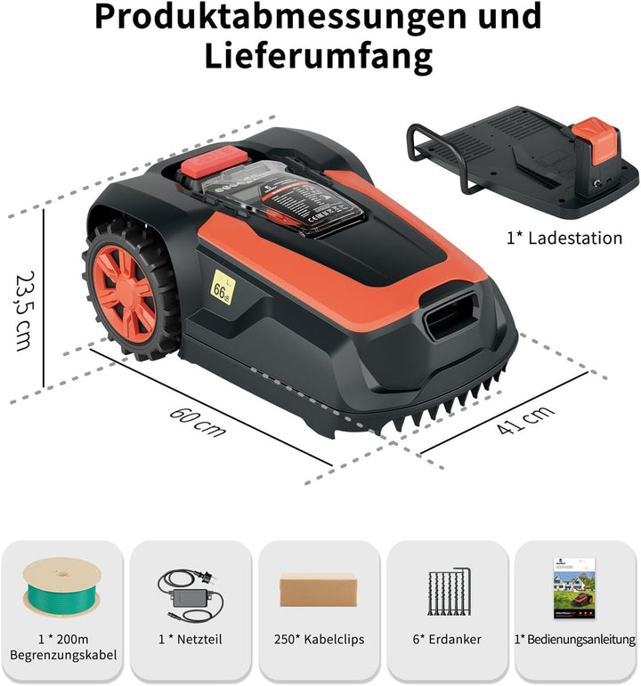 Mähroboter mit Begrenzungskabel 200 m für bis zu 1400 qm², Rasenmäher mit 47% Steigung, 22cm Schnitt
