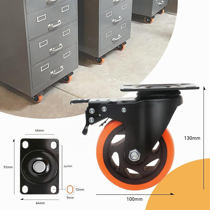 BAOLIHUI 100mm Orange Schwerlastrollen - 4er Set Lenkrollen mit Bremsen bis 600KG inkl. Montagezubeh