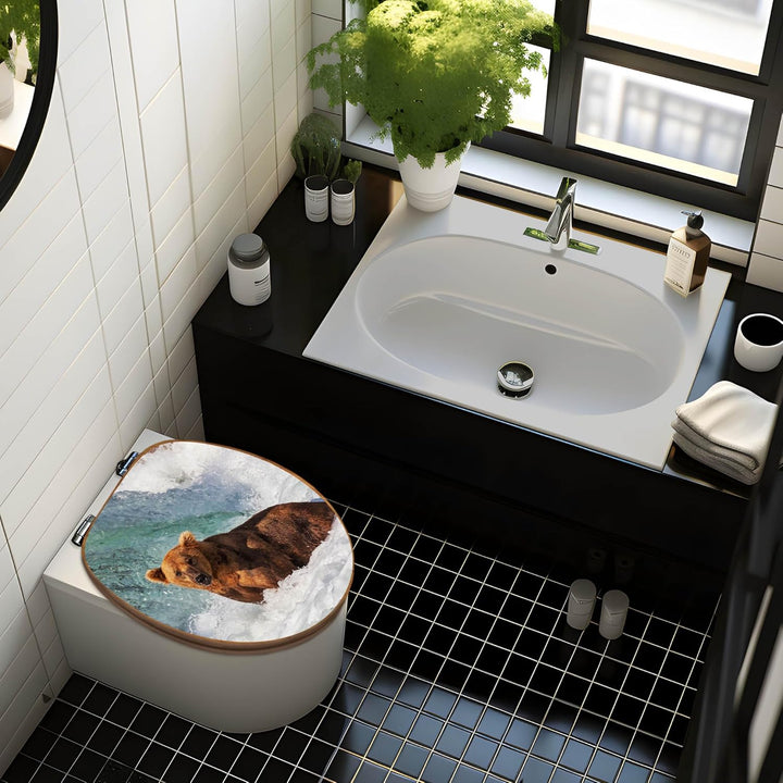 banjado® Design WC Sitz Bambus Absenkautomatik mit Motiv Bär Im Wasser/Toilettendeckel mit Absenkaut