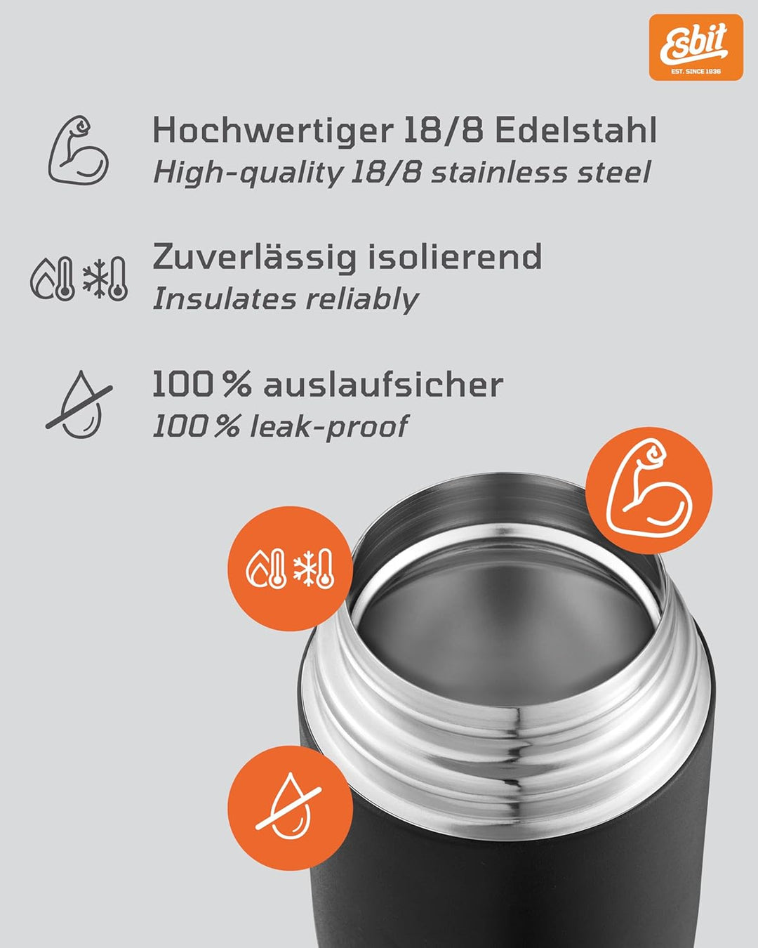 Esbit Thermobehälter Classic für Speisen - Warmhaltebehälter 500 ml in Schwarz - aus Edelstahl für w