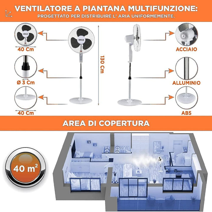 BAKAJI Standventilator mit Fernbedienung, Leistung 50 W, 3 Geschwindigkeiten, 40 cm, Höhe und Neigun