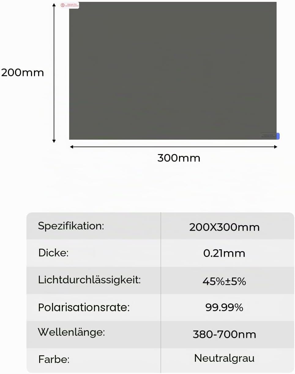 K&amp;F Concept Polarisationsfolie 4 Stück 300 * 200 * 0,21mm polfilter Folie，linear 90 Grad, 4 Stück