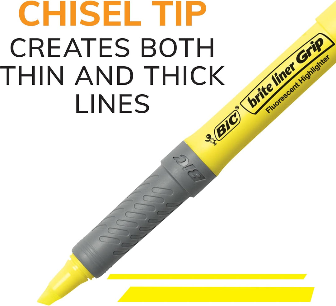 BIC Brite Liner Grip Textmarker, Blau, 12 Stück gelb 5-Count, gelb 5-Count