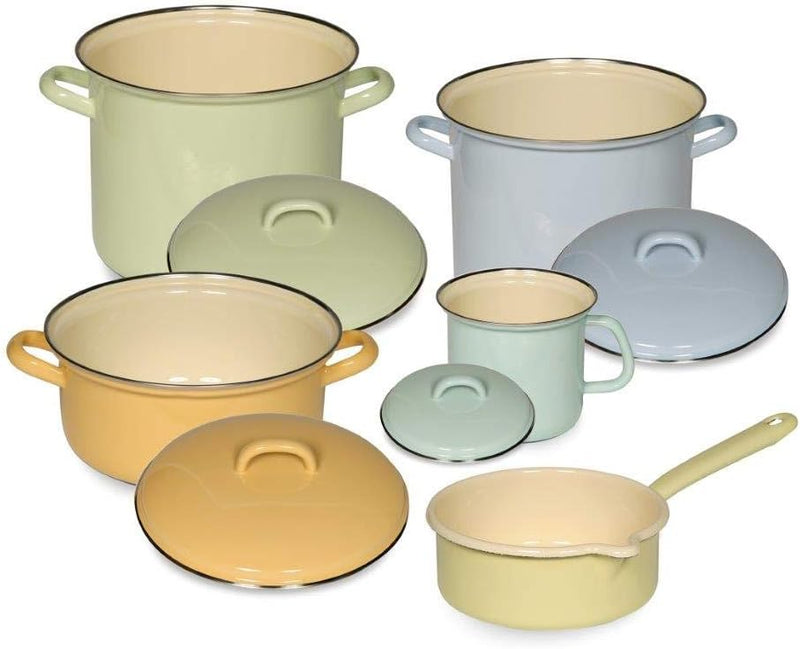 Riess, 0547-006, Emaille-Set 5tlg, BUNT/Pastell, 2 Töpfe mit Chromrand 18, 22 cm mit Deckel, 1 Kasse