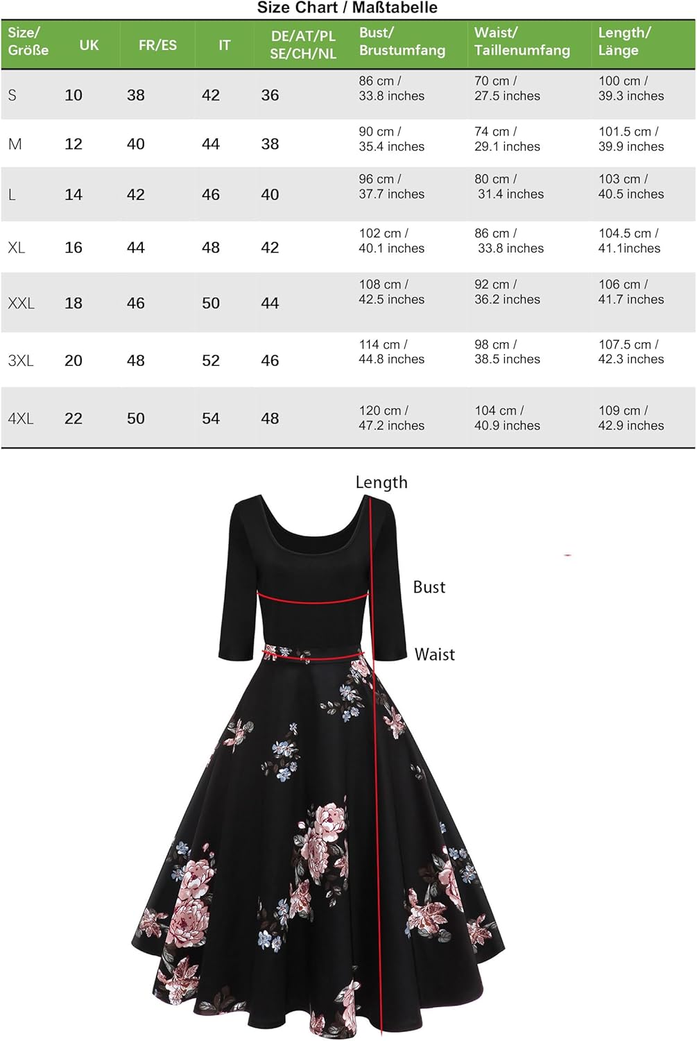 AXOE Damen A-Linie Kleid 60er Jahre Rockabilly 3/4 Ärmel F01b M, F01b M