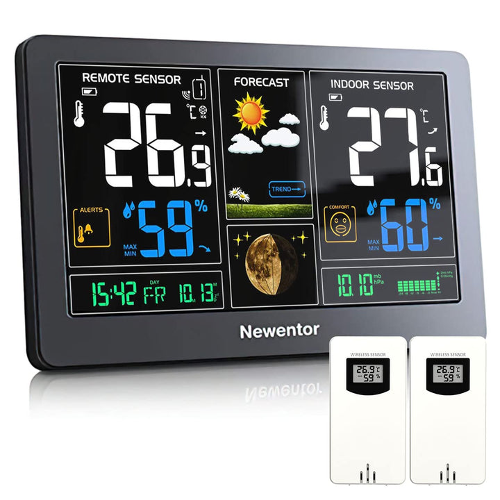 Newentor Wetterstation Funk mit 2 Aussensensoren - Funkwetterstation mit Wettervorhersage, Temperatu