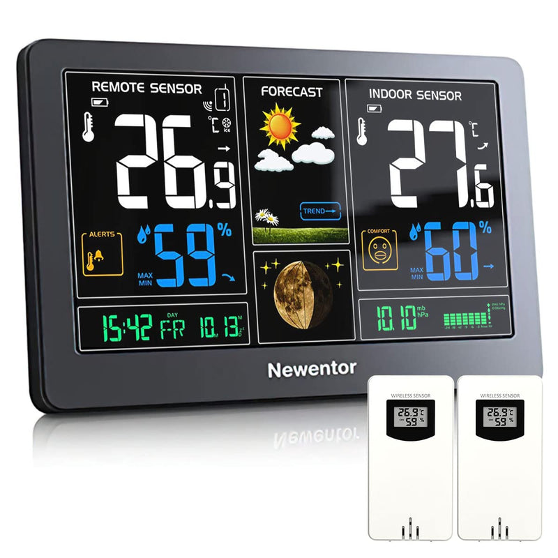 Newentor Wetterstation Funk mit 2 Aussensensoren - Funkwetterstation mit Wettervorhersage, Temperatu