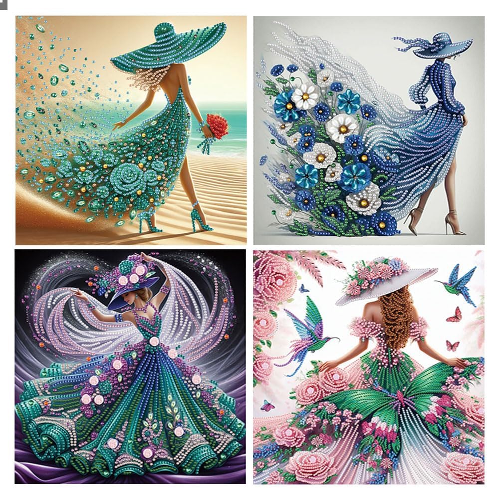 DCIDBEI 4 Pack 5D Special Shape Diamond Painting Strass Special Frauen mit Hut 30x30cm Diamant Maler