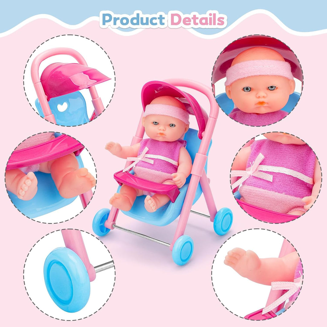 deAO 8 Stück Mini-Babypuppe mit Zubehör, Reborn Puppen Spielset mit Puppenwagen, Badespielzeug, Pupp