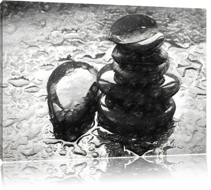 Pixxprint Zensteinturm im Regen als Leinwandbild/Grösse: 100x70 cm/Wandbild/Kunstdruck/fertig bespan