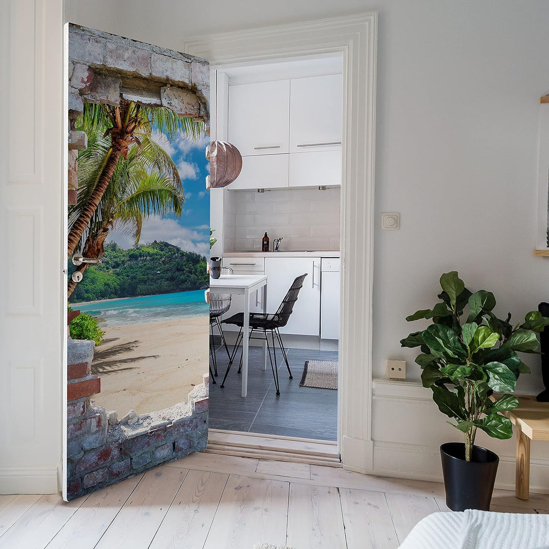 wandmotiv24 Türtapete 3D Steinwand, Paradies, Meer, Strand 80 x 200cm (B x H) - Dekorfolie selbstkle