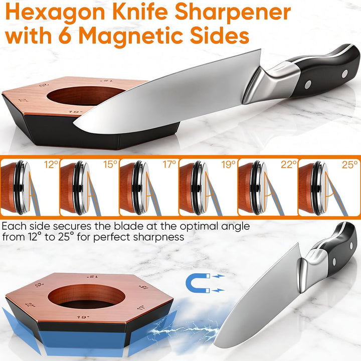 Messerschärfer Profi mit 6 Magnetwinkeln (12°/15°/17°/19°/22°/25°) – 4 Diamant-Schärfklingen für jed