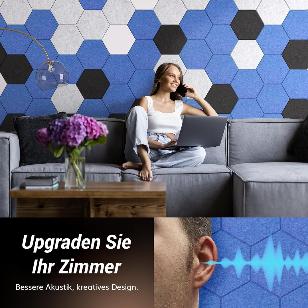 Hexagon Akustikplatten selbstklebend 12/18St. TONOR Schallabsorber Schallschutz mit Hochdichte Wandf