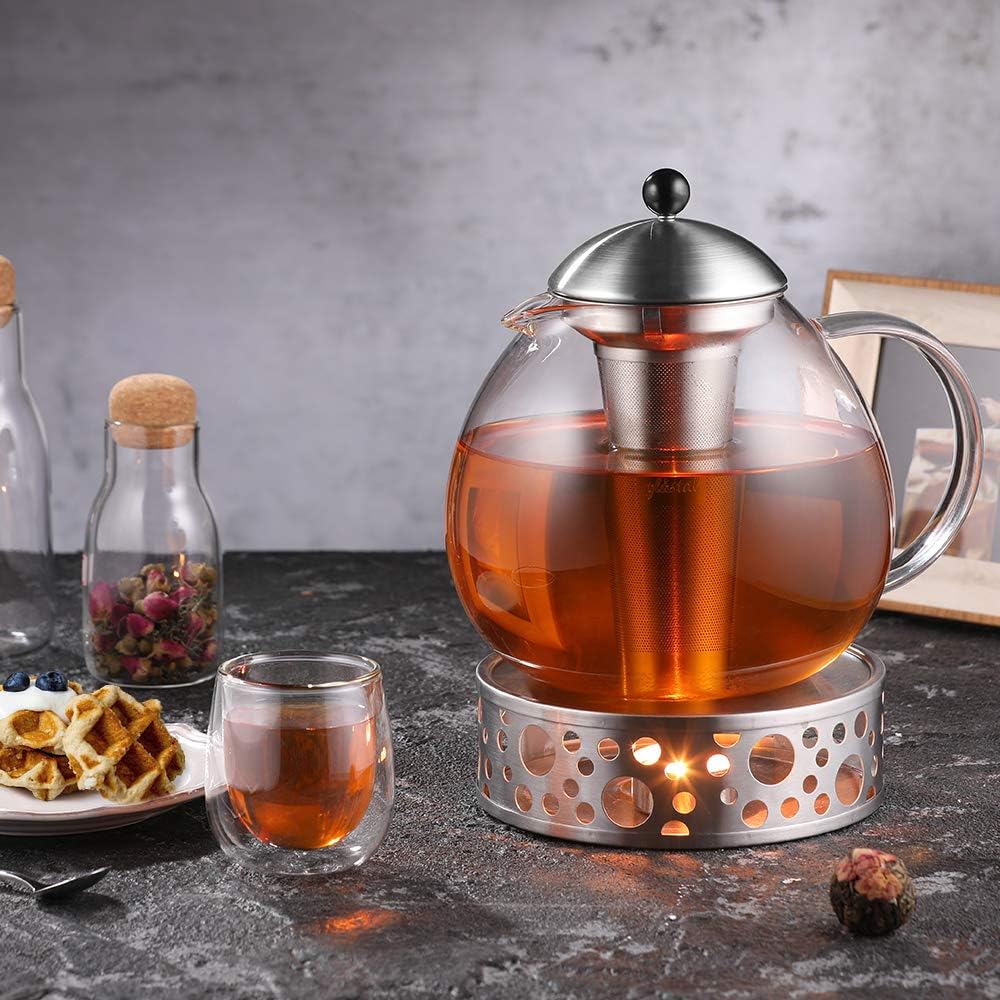 glastal Glas Silberne Teekanne 2000ml mit 18/8 Edelstahl Teesieb Borosilicate Glas Teebereiter auf S