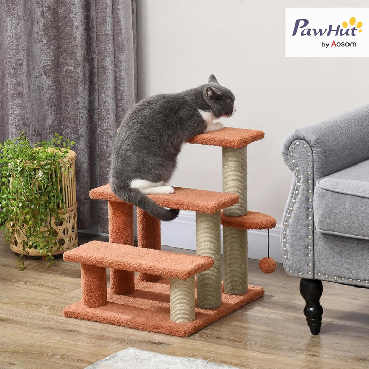 PawHut Katzentreppe 3 Stufen Tiertreppe Treppe für Katze mit Kratzsäulen Ball Haustiertreppe Hundetr