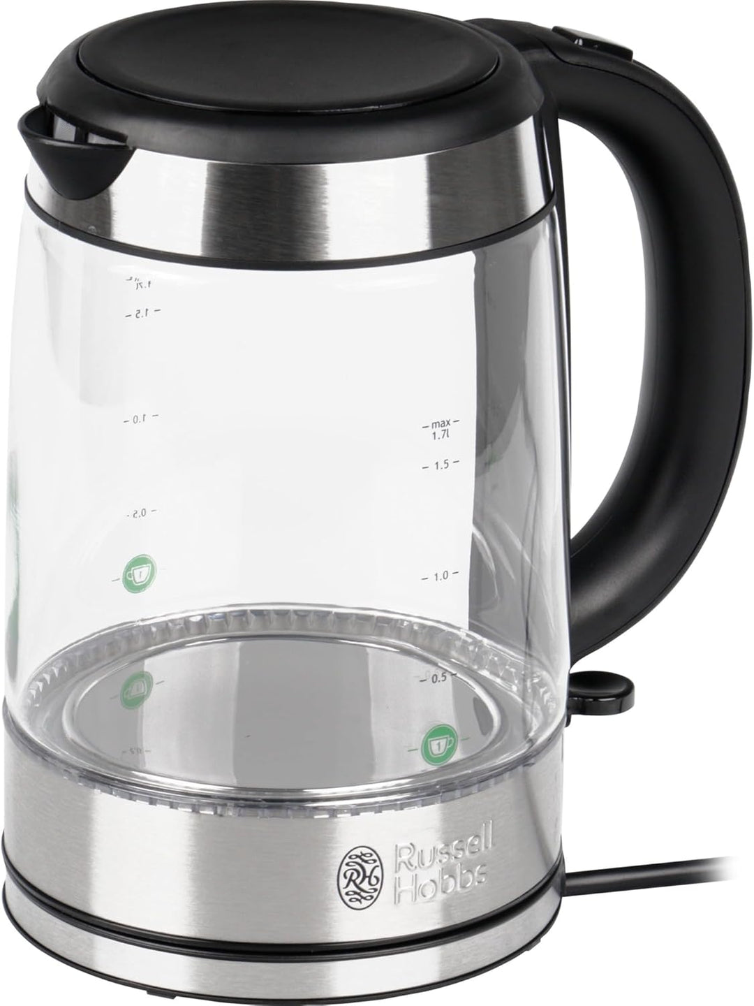 Russell Hobbs Wasserkocher Glas [1,7l, 2200W] Edelstahl (blaue LED Beleuchtung, 1-Tassen-Option, her
