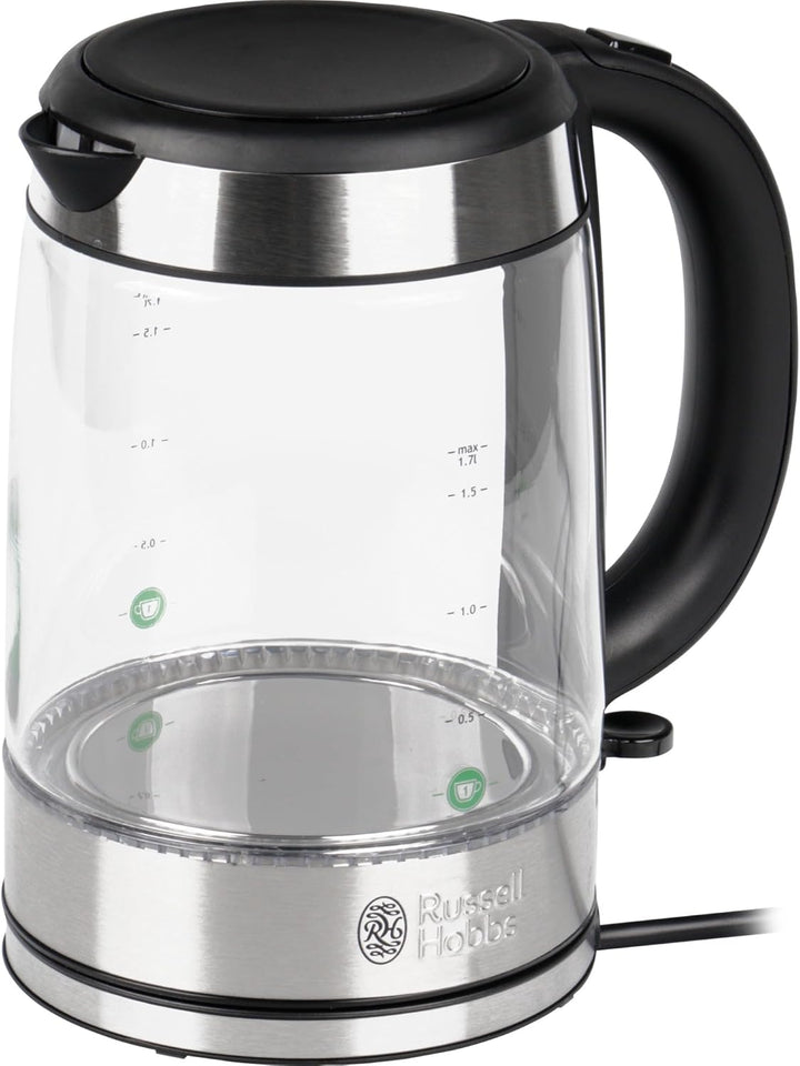 Russell Hobbs Wasserkocher Glas [1,7l, 2200W] Edelstahl (blaue LED Beleuchtung, 1-Tassen-Option, her