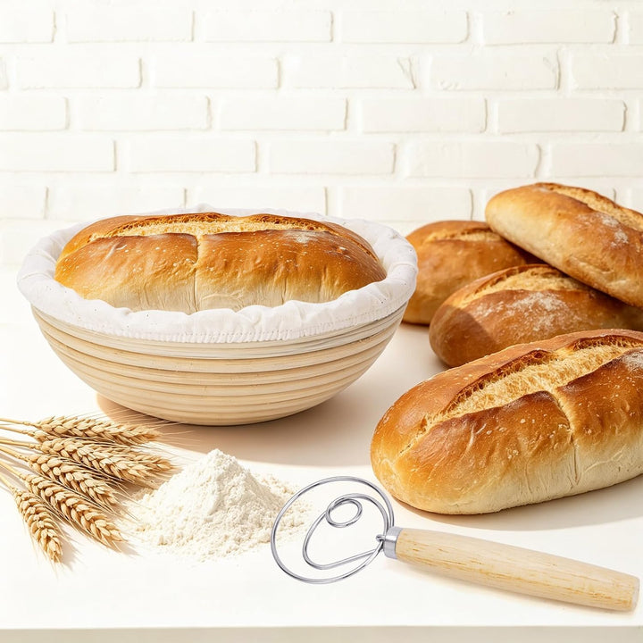 Rattan Gärkörbchen Set, Sauerteig Starter Set, 2x 9 Zoll Rundes Brotgärkörbchen mit Leinen-Einsätzen
