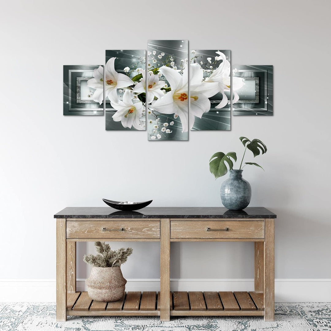 Runa Art Wandbilder Blumen Lilien 5 Teilig Bild auf Vlies Leinwand Deko Wohnzimmer Abstrakt Grau Grü