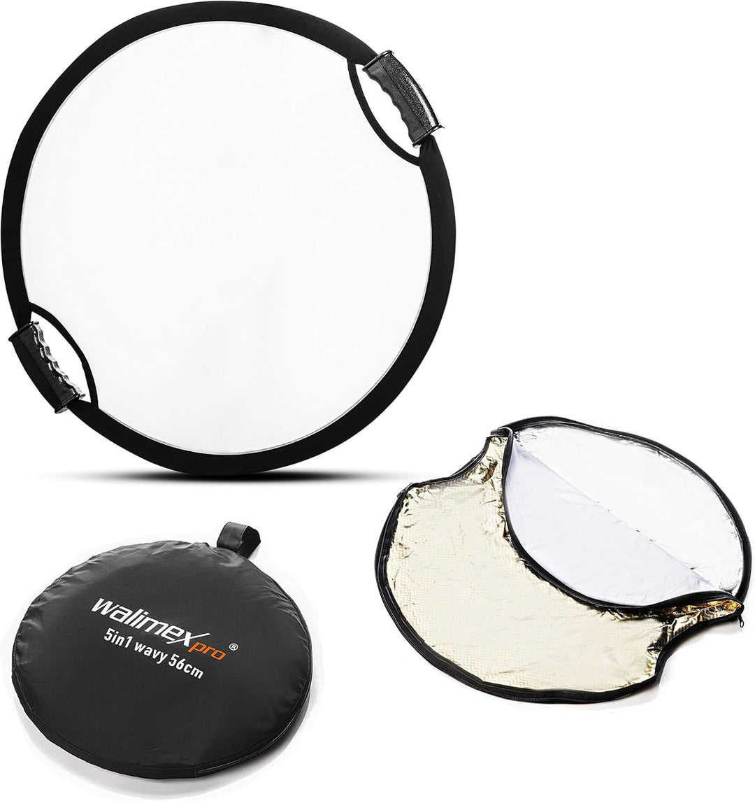 Walimex pro 5in1 Faltreflektor Wavy Comfort Ø 56cm, Set aus 4 Farben und Diffusor, Pop Up Reflektor