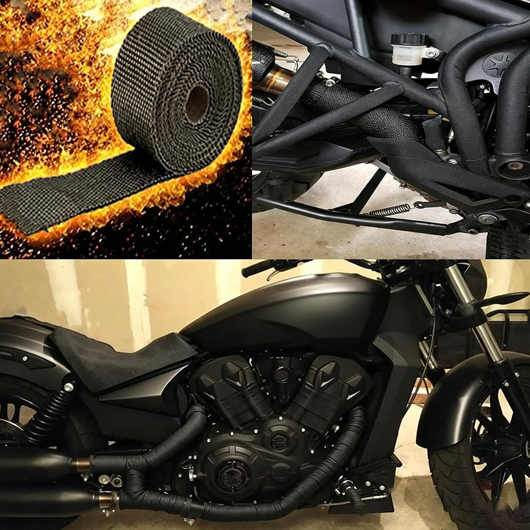 Auspuff Hitzeschutzband Schwarz 15m mit 12 Bindern Arespark | Für Motorrad, Auto, Kamin und Zeltofen