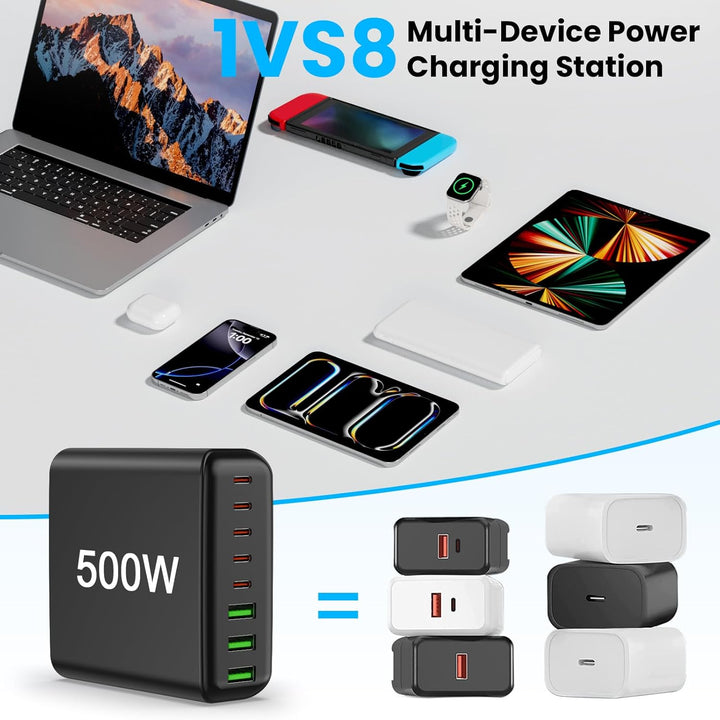 USB C Ladegerät Mehrfach: 500W 8-Port Schnellladegerät mit USB-C und USB-A, USB c Netzteil für iPhon