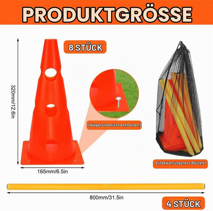 Steckhürdenset, Agility Set Hunde mit 8 Kegel(32cm) + 4 Stangen(80cm), Cavaletti Hund für Koordinati
