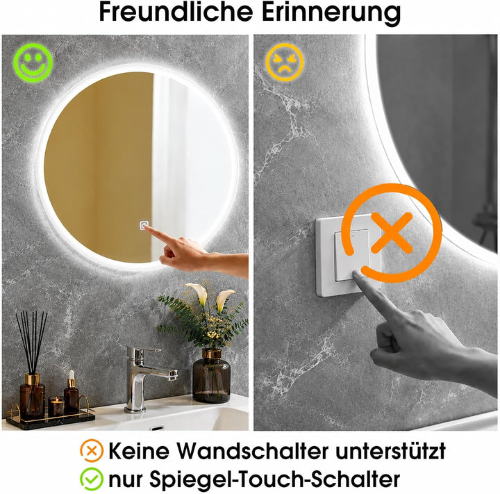 Badspiegel mit Beleuchtung, LED Badezimmer Spiegel Rund 50cm, Dimmbar, 3 Lichtfarben, Touch-Schalter