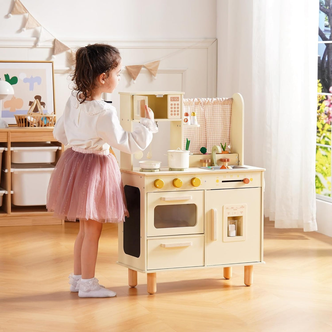 ROBUD Kinderküche aus Holz – Spielküche mit Kühlschrank, Eiswürfelspender, Backofen & Zubehör, Rolle