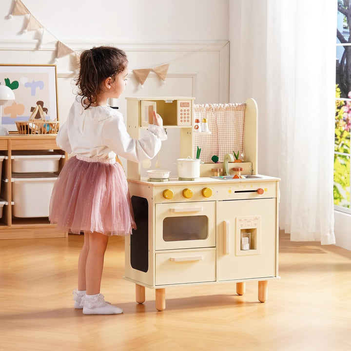 ROBUD Kinderküche aus Holz – Spielküche mit Kühlschrank, Eiswürfelspender, Backofen & Zubehör, Rolle