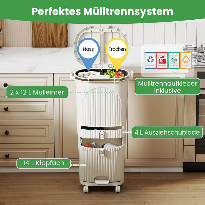 COSTWAY Mülleimer Küche, Mülltrennsystem 3 Fächer, 2 x 12L Inneneimer & 14L Treteimer, Abfalleimer m