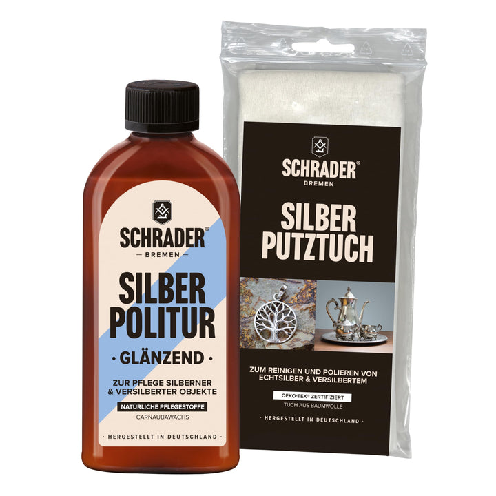 SCHRADER Silberpflege-Set - Silberpoliermittel und Silberputztuch für Schmuck & Besteck - Entfernt A