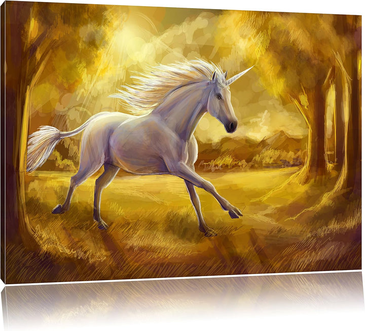 Pixxprint Einhorn im Wald / 100x70cm Leinwandbild bespannt auf Holzrahmen/Wandbild Kunstdruck Dekora