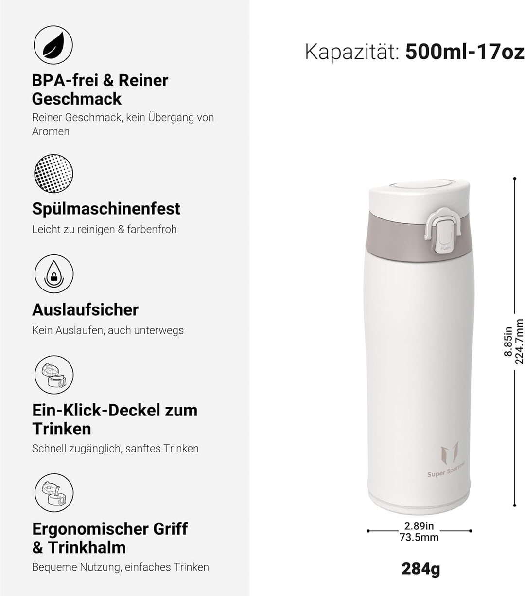 Super Sparrow Trinkflasche Edelstahl - Thermobecher - 500ml, 750ml, 950ml - BPA-Frei Thermosflasche,