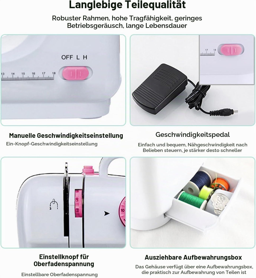 Mini Nähmaschine für Anfänger, 12 Stiche Haushalt Doppelfaden Multifunktionsnähmaschine für Kinder,