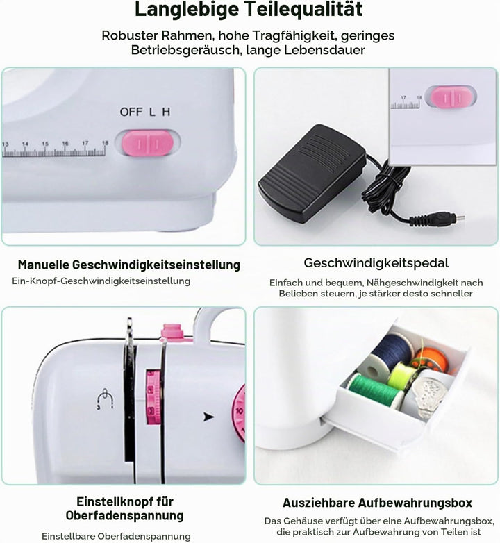 Mini Nähmaschine für Anfänger, 12 Stiche Haushalt Doppelfaden Multifunktionsnähmaschine für Kinder,