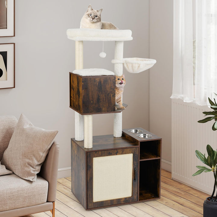 COSTWAY Kratzbaum mit Katzenklo Schrank, Katzenschrank für Katzentoilette, Katzenkratzbaum mit Sisal