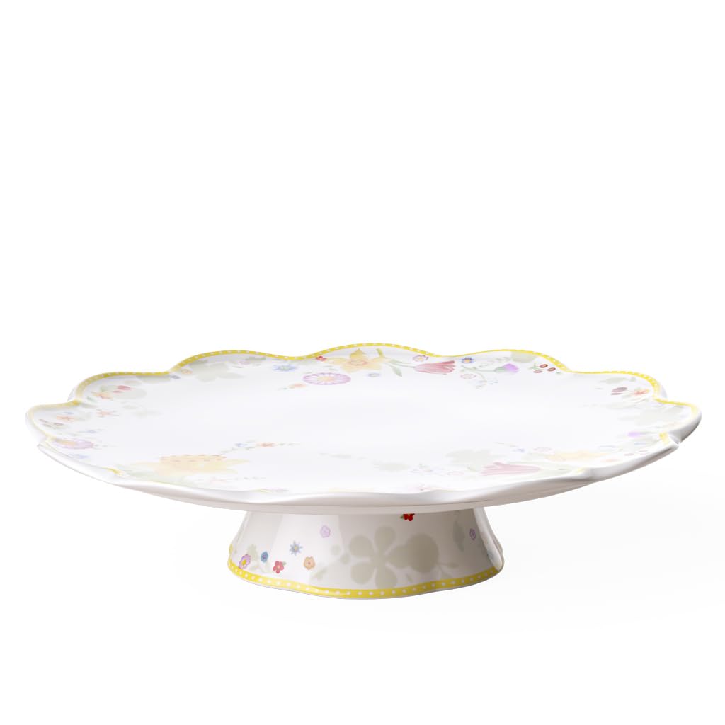 Villeroy und Boch Spring Awakening Tortenplatte, 33 cm, Porzellan, Weiss/Bunt Bunt Platte mit Fuss,