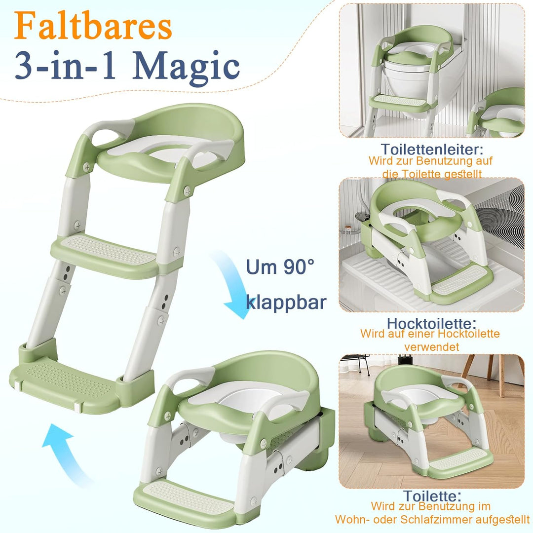 3 IN 1 Toilettensitz Kinder, Toilettenleiter für Kinder mit Verstellbar Treppe, Spritz und Rutschfes