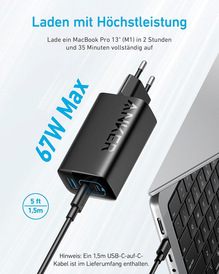 Anker USB C Ladegerät 67W, Anker 335 Netzteil mit PIQ 3.0, 3-Port Schnellladegerät, Für iPhone 16/15