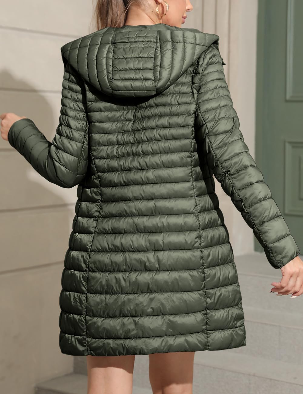 Geschallino Damen Grosse Grössen Gesteppt Leicht Winter Lang Steppmantel mit Kapuze (XL-5XL) XXL Grü