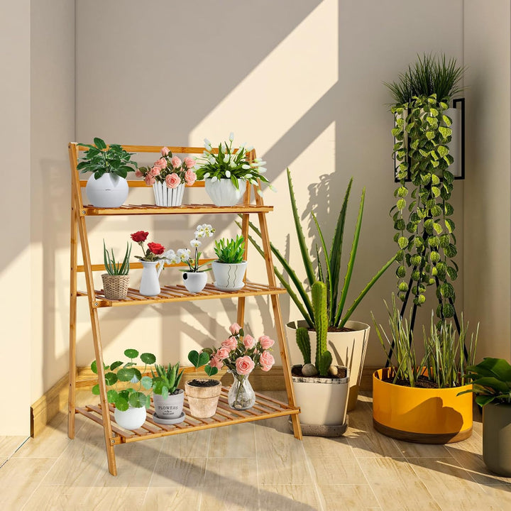 HOMASIS Pflanzregal mit 3 Ebenen, Faltbares Blumenregal, Bambus-Pflanzenständer Outdoor Indoor, Leit