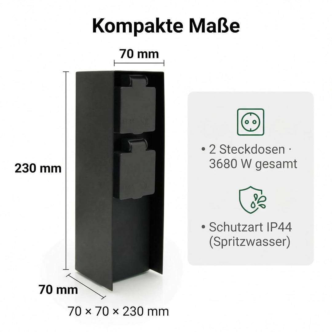 LED Universum Gartensteckdose aus Edelstahl, IP44 für aussen (Schwarz 2-fach), Schwarz 2-fach