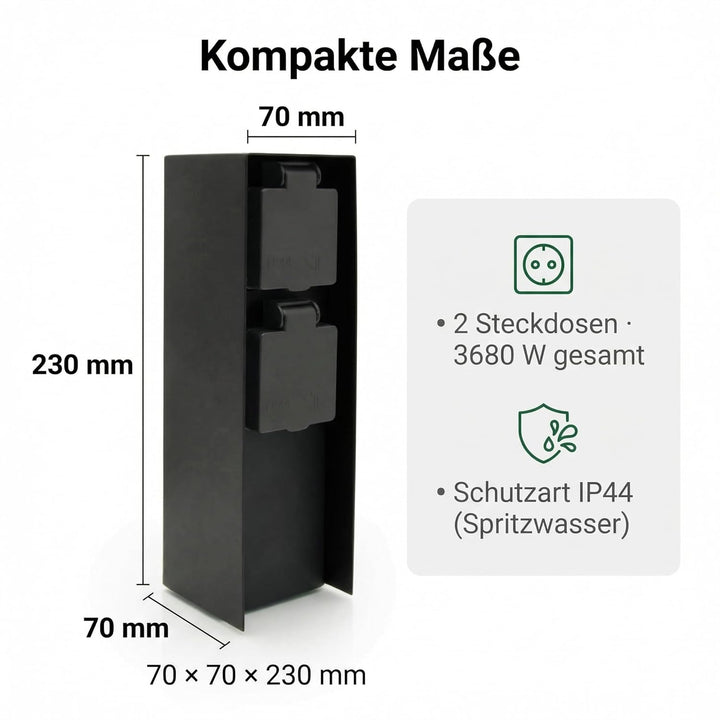 LED Universum Gartensteckdose aus Edelstahl, IP44 für aussen (Schwarz 2-fach), Schwarz 2-fach