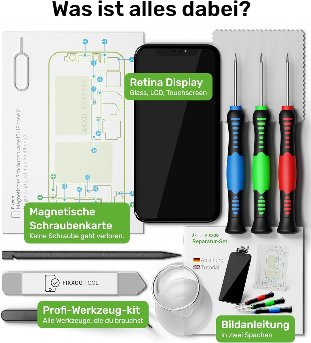 GIGA Fixxoo® iPhone X Display Original [inkl. Werkzeug-Kit] - Retina LCD Glas mit Touchscreen - Orig
